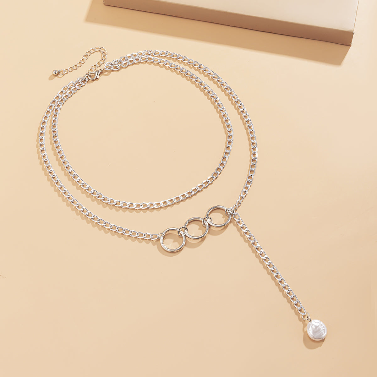 Pearl & Silver-Plated Tri-Ring Layered Lariat Necklace
