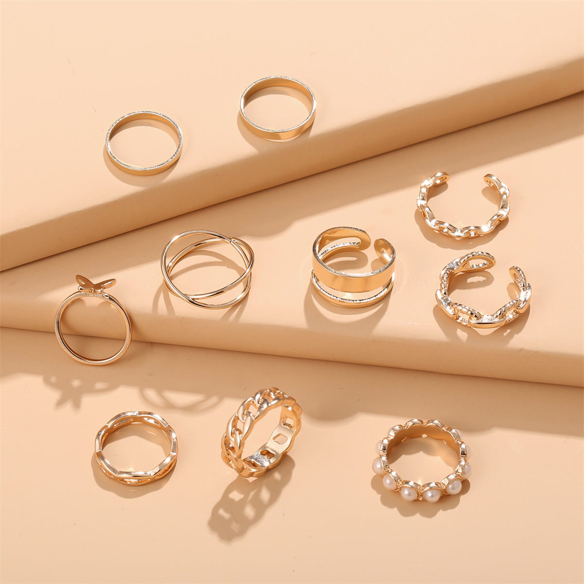 Pearl & 18K Gold-Plated Butterfly Link Band Ring Set