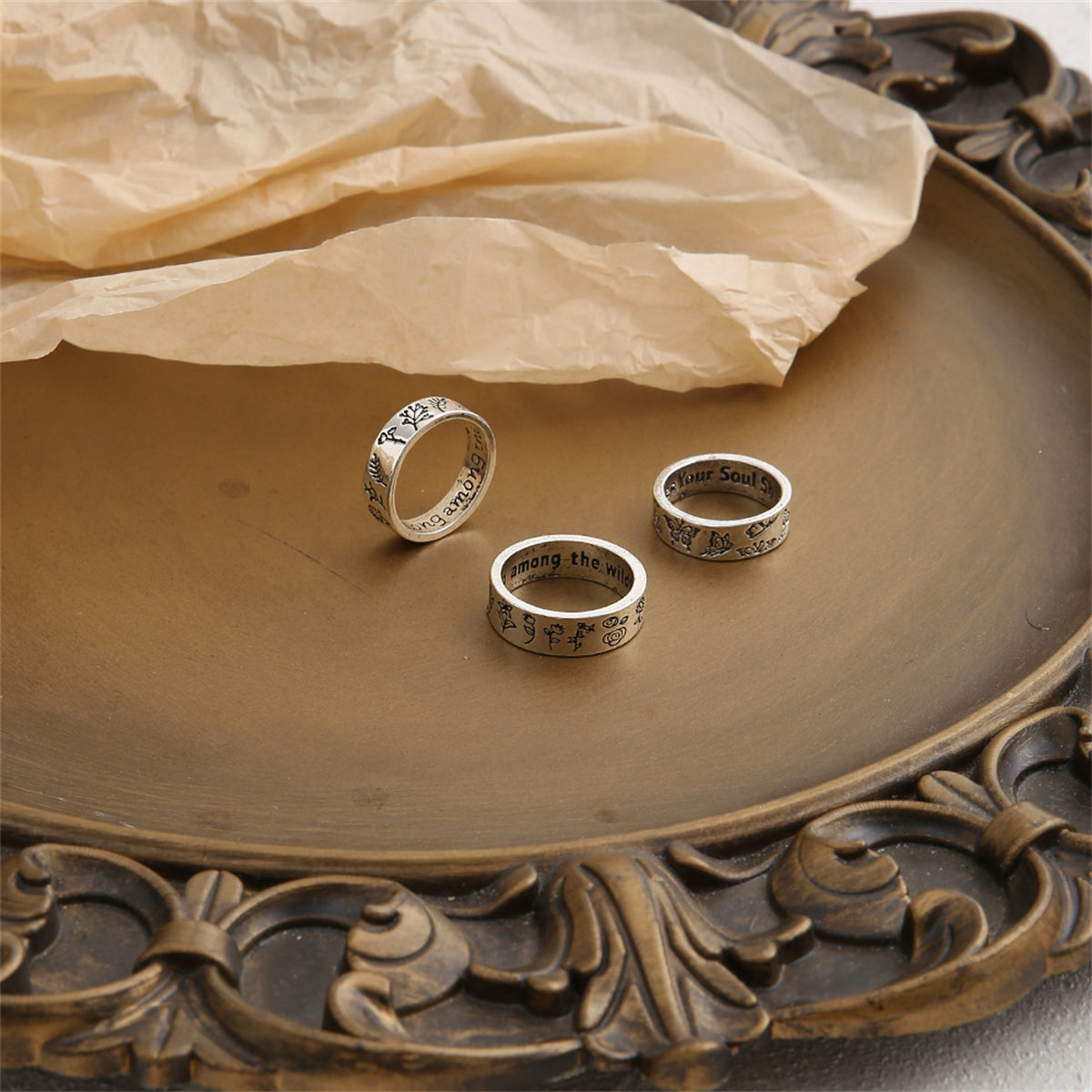 Silver-Plated Botany Band Ring Set, jewelry gift sets for women, everyday style, detail close-up