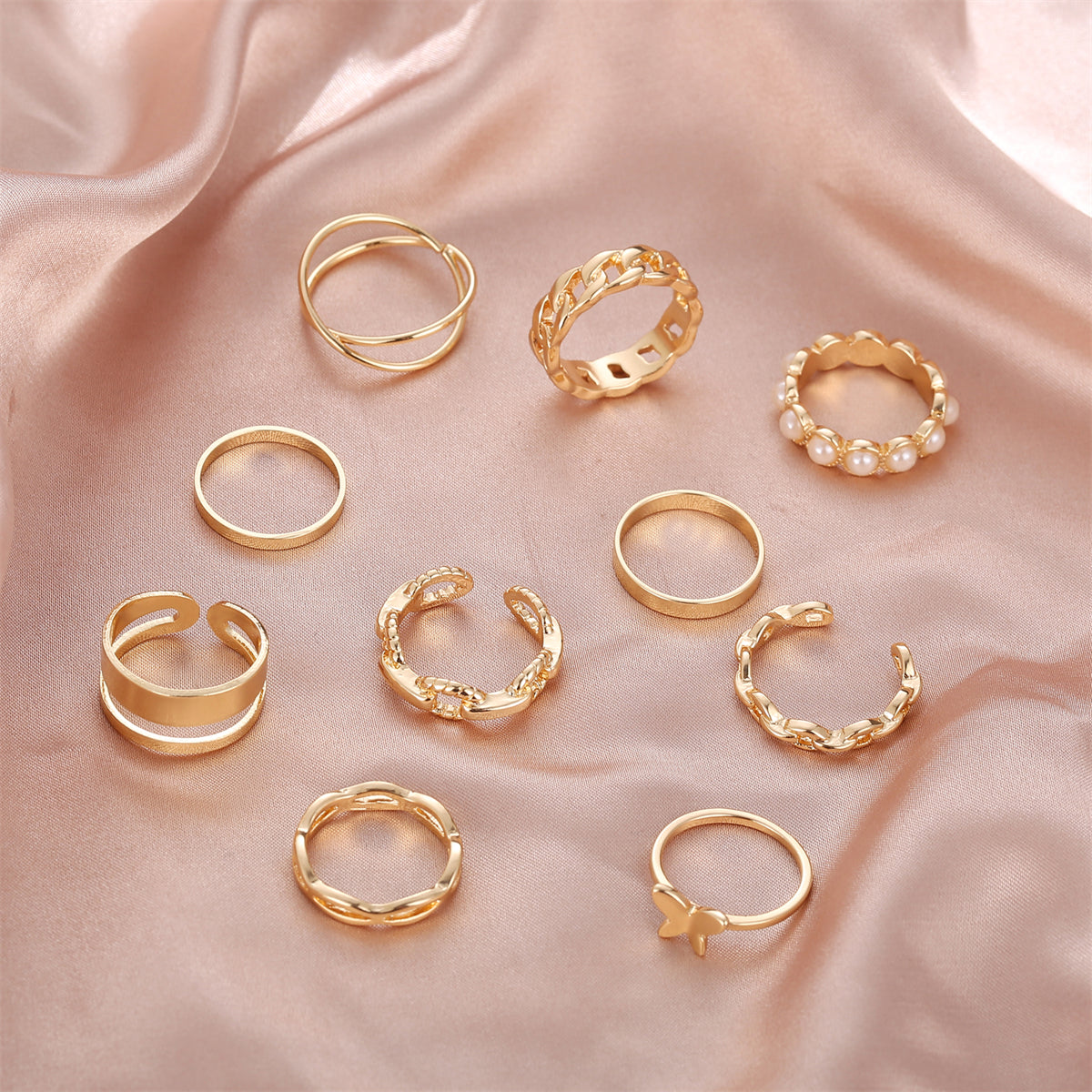 Pearl & 18K Gold-Plated Butterfly Link Band Ring Set