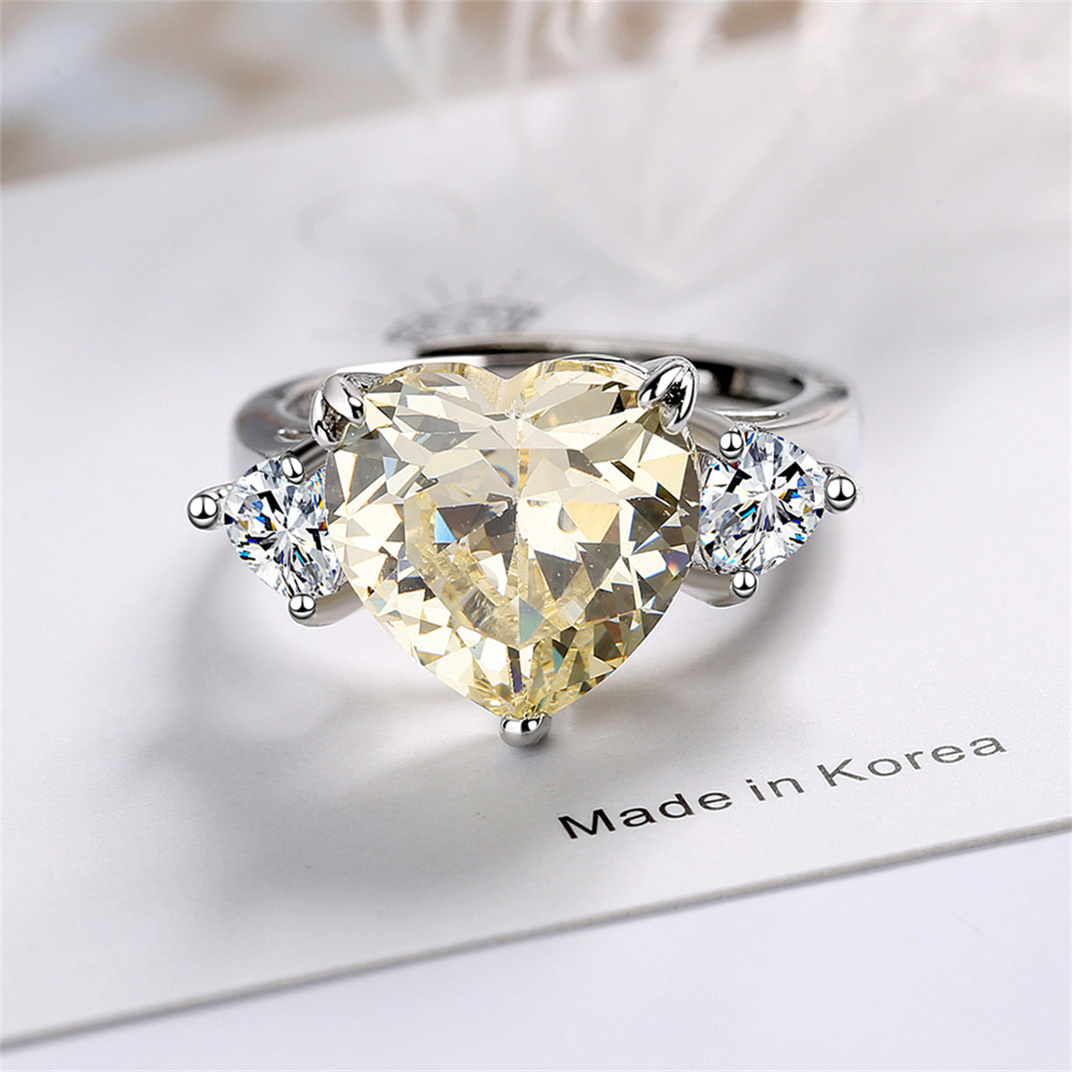 Cubic Zirconia and Crystal Silver-Plated Heart Ring, silver statement rings for women, dainty minimalist design, side view