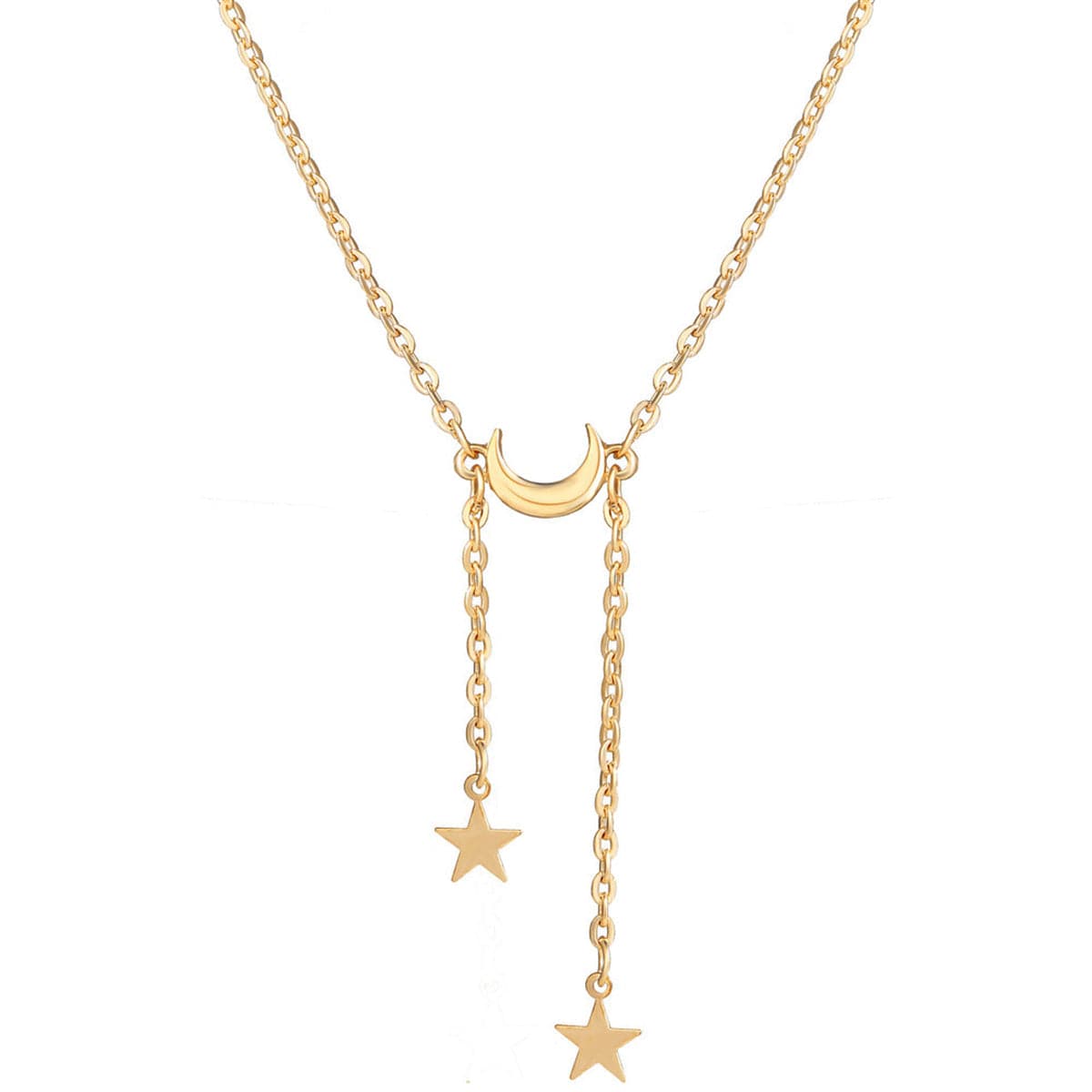 18K Gold-Plated Moon and Star Lariat Necklace, gold pendant necklace for women, vintage-inspired design, side view