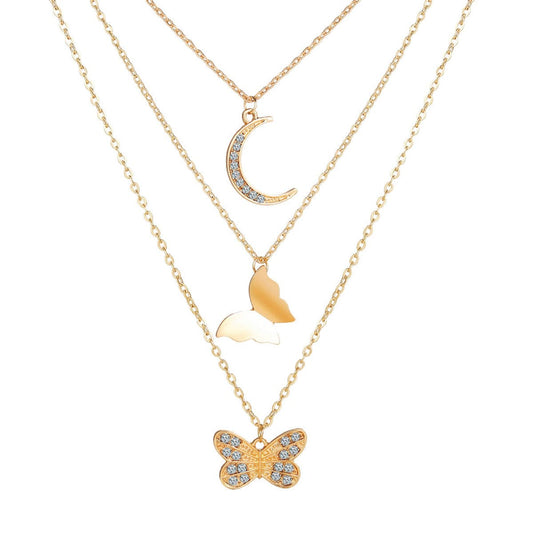 Cubic Zirconia and 18K Gold-Plated Moon Butterfly Layered Pendant Necklace, gold pendant necklace for women, front view