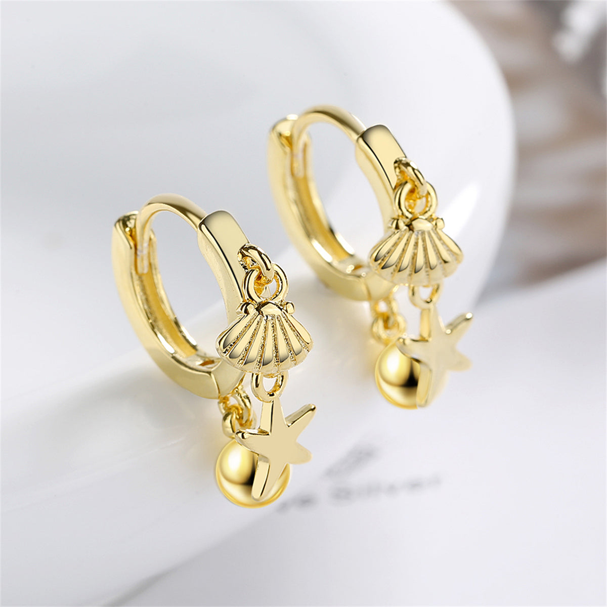 18K Gold-Plated Starfish Shell Charm Huggie Earring, gold huggie earrings, vintage-inspired design, front view