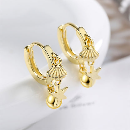 18K Gold-Plated Starfish Shell Charm Huggie Earring, gold huggie earrings, vintage-inspired design, front view