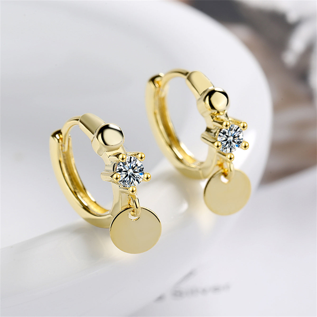 Cubic Zirconia and 18K Gold-Plated Sequin Huggie Earrings, gold huggie earrings, elegant gift for her, front view