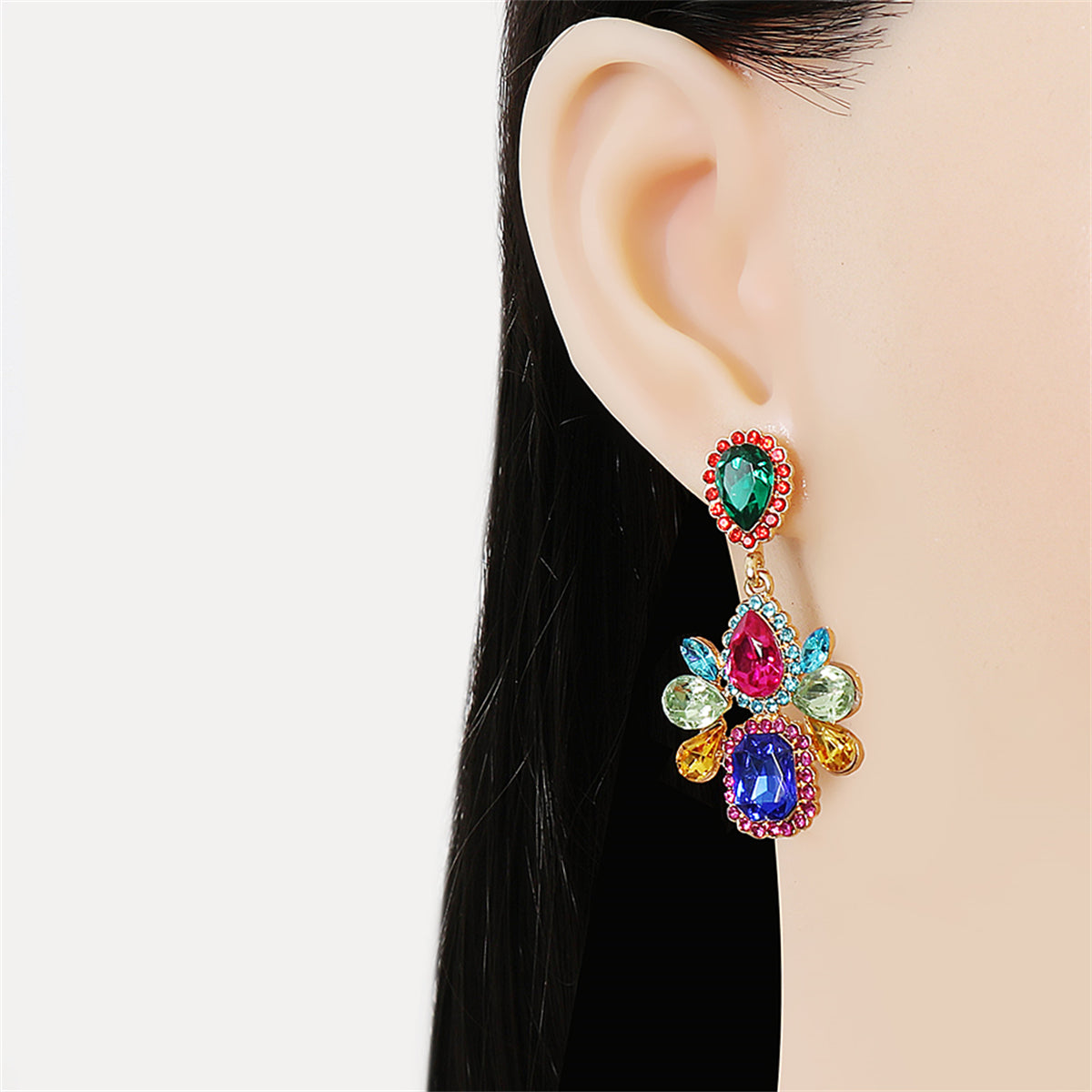 Blue Crystal and Cubic Zirconia Cushion-Cut Drop Earrings, drop earrings for women, elegant gift for her, side view