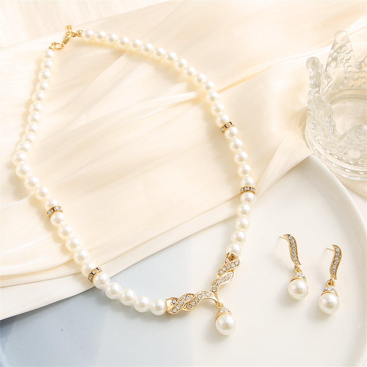 Pearl & Cubic Zirconia 18K Gold-Plated Drop Necklace & Earrings