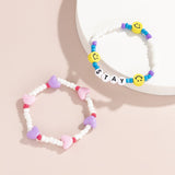 White & Purple 'Stay' Heart Beaded Stretch Bracelet Set