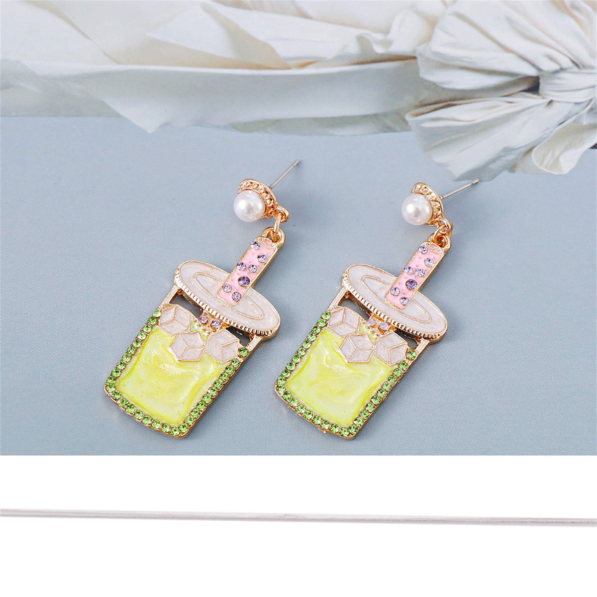 Pearl and Chartreuse Cubic Zirconia Cup Drop Earrings, drop earrings for women, vintage-inspired design, detail close-up