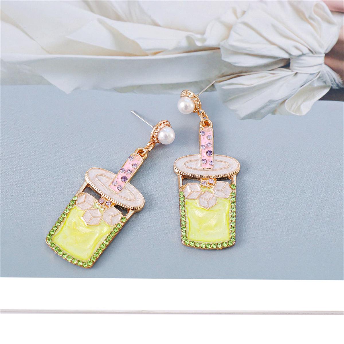 Pearl and Chartreuse Cubic Zirconia Cup Drop Earrings, drop earrings for women, vintage-inspired design, lifestyle look