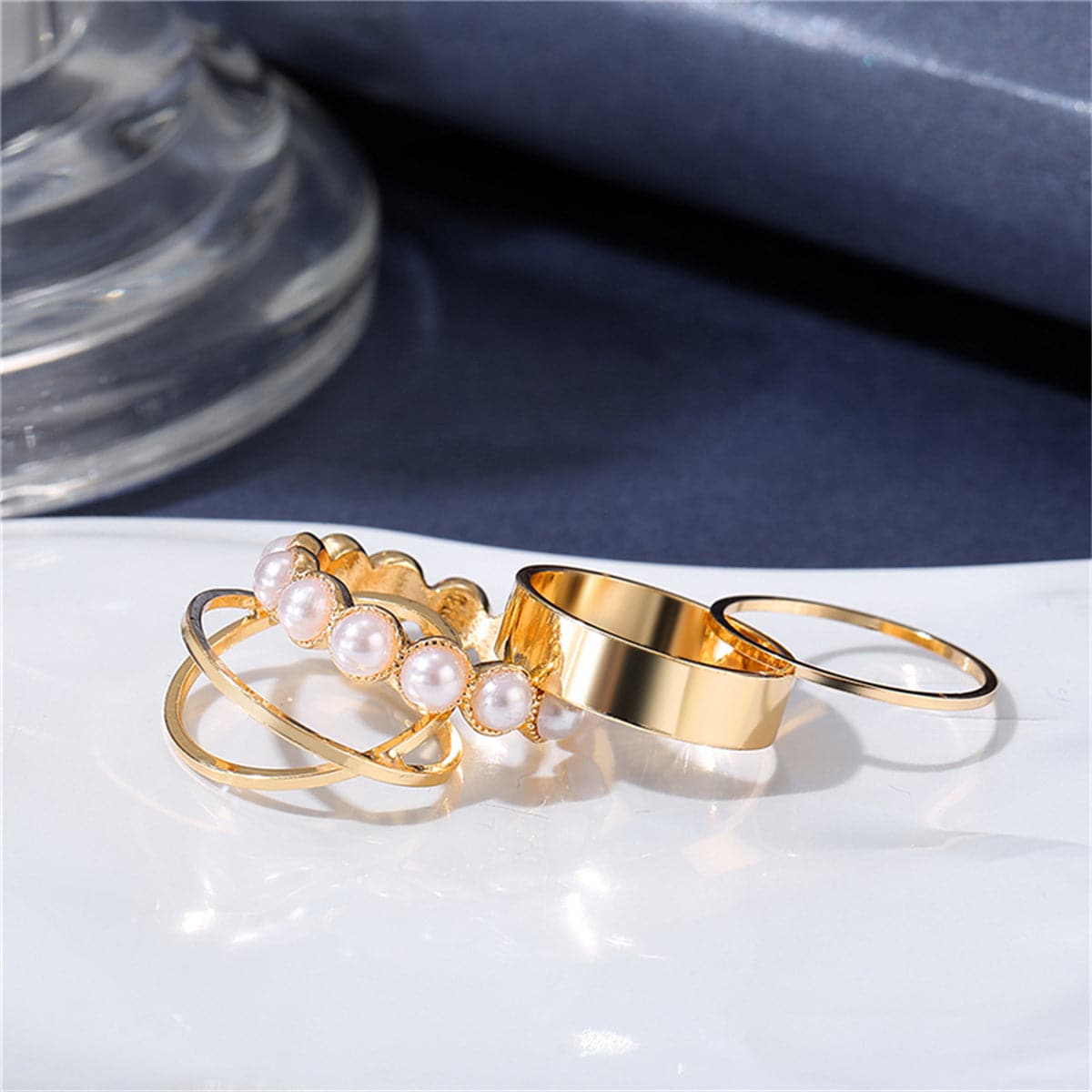 Pearl and 18K Gold-Plated Crisscross Ring Set, jewelry gift sets for women, elegant gift for her, lifestyle look