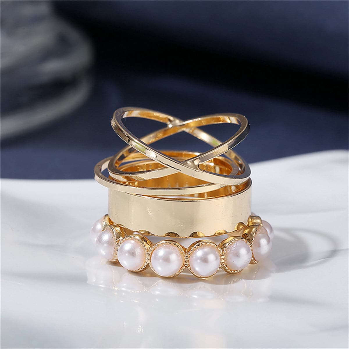 Pearl and 18K Gold-Plated Crisscross Ring Set, jewelry gift sets for women, elegant gift for her, front view