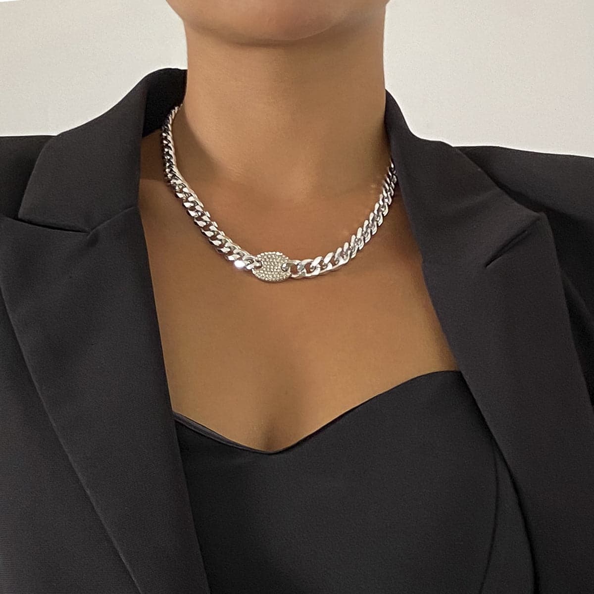 Cubic Zirconia and Silver-Plated Oval Cable Chain Necklace, silver pendant necklace for women, front view