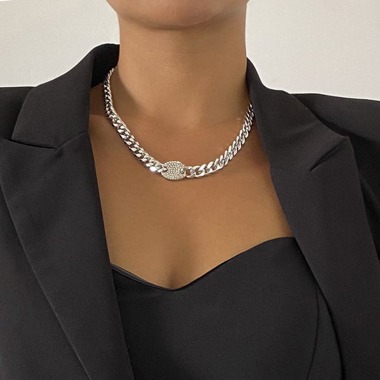 Cubic Zirconia and Silver-Plated Oval Cable Chain Necklace, silver pendant necklace for women, front view
