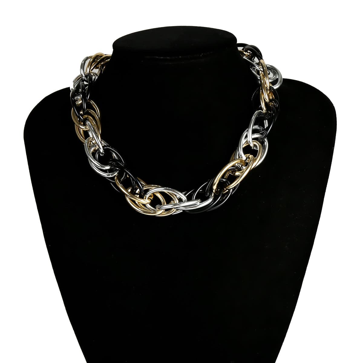 Tri-Tone Three-Layer Chain Link Choker Necklace, chunky choker necklace, vintage-inspired design, styled look