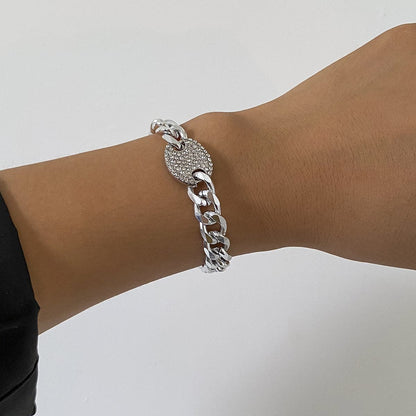 Cubic Zirconia and Silver-Plated Curb Chain Oval Bracelet, silver bracelet for women, dainty minimalist design, front view