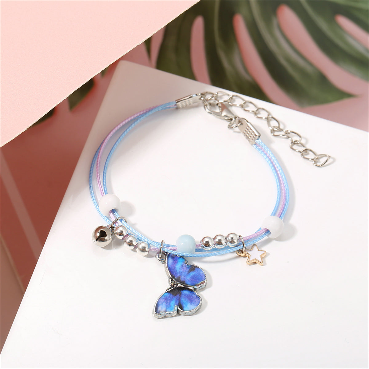 Dark Blue Enamel and Silver-Plated Butterfly Charm Bracelet, silver bracelet for women, vintage-inspired design, front view
