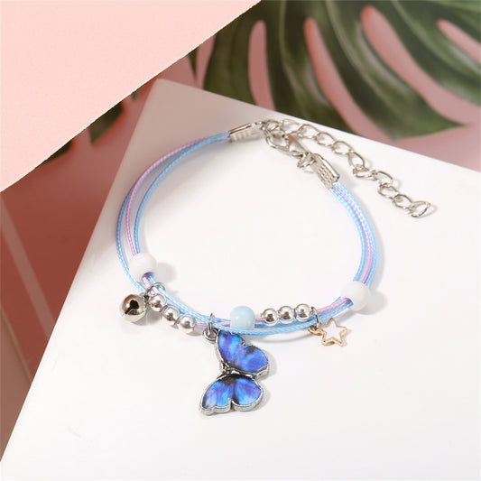 Dark Blue Enamel and Silver-Plated Butterfly Charm Bracelet, silver bracelet for women, vintage-inspired design, front view