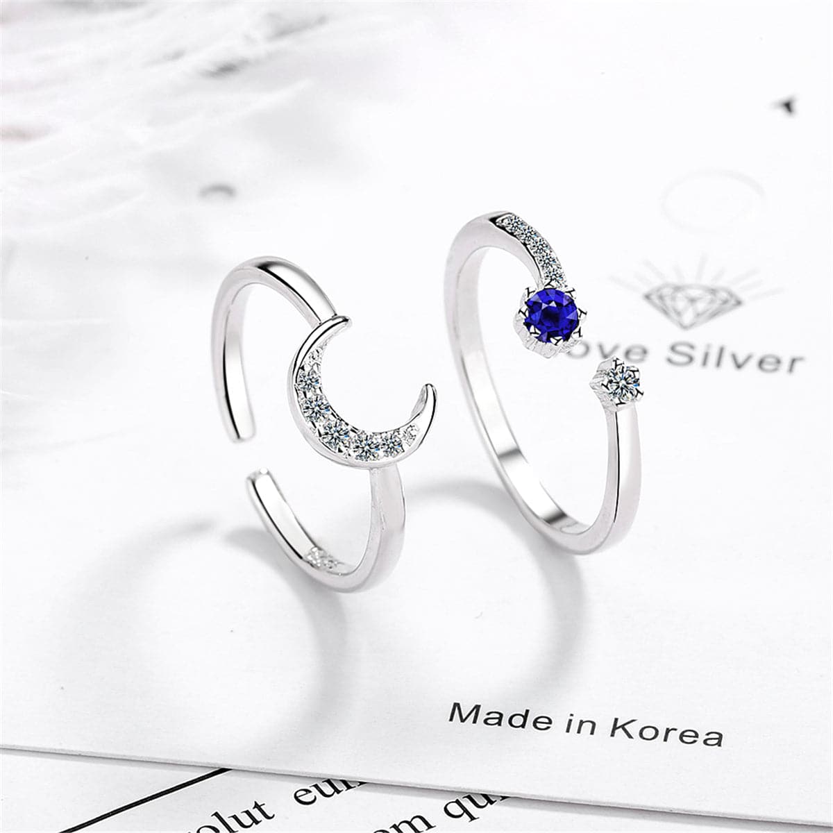 Blue Crystal & Cubic Zirconia Moon Open Ring Set