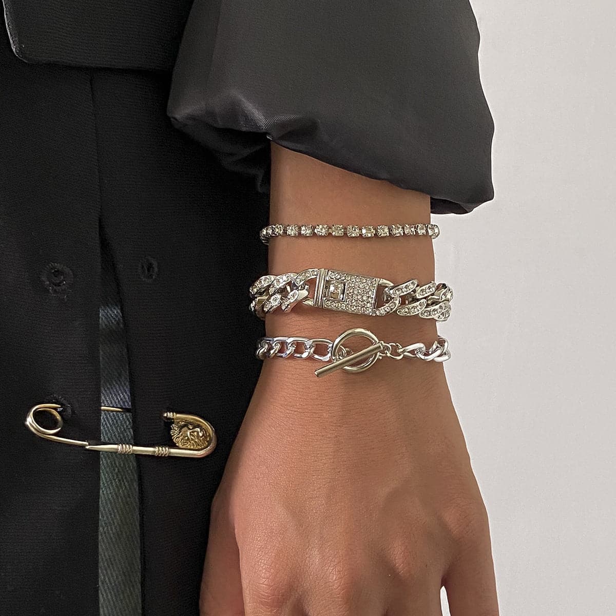 Cubic Zirconia & Silver-Plated Lock Bracelet Set