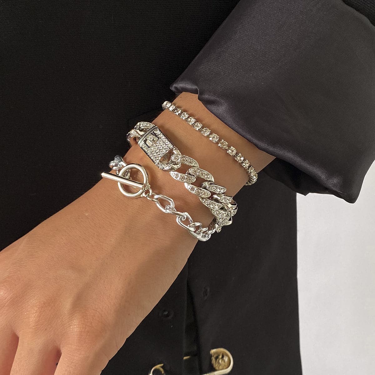 Cubic Zirconia & Silver-Plated Lock Bracelet Set