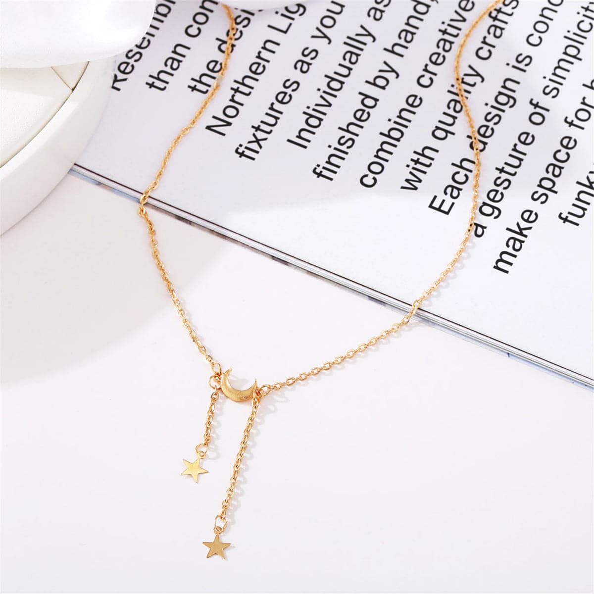18K Gold-Plated Moon and Star Lariat Necklace, gold pendant necklace for women, vintage-inspired design, lifestyle look