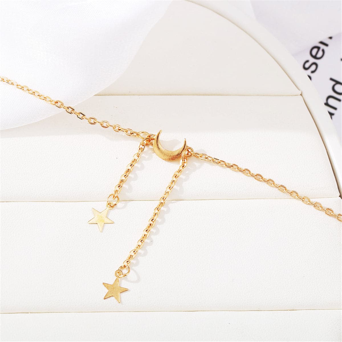 18K Gold-Plated Moon and Star Lariat Necklace, gold pendant necklace for women, vintage-inspired design, styled look