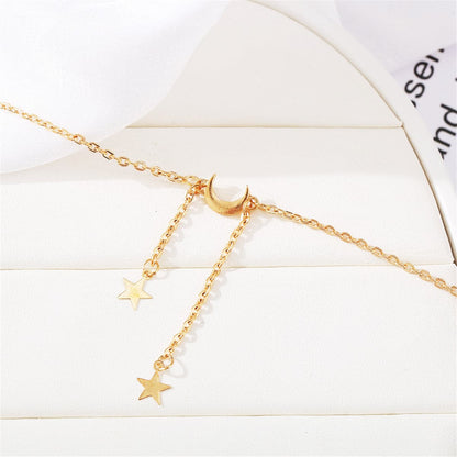 18K Gold-Plated Moon and Star Lariat Necklace, gold pendant necklace for women, vintage-inspired design, styled look