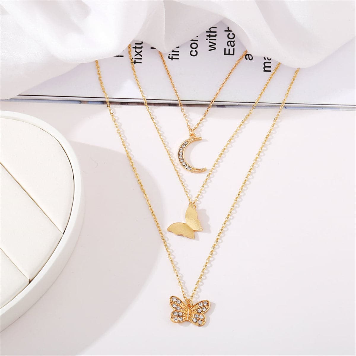 Cubic Zirconia & 18K Gold-Plated Moon Butterfly Layered Pendant Necklace