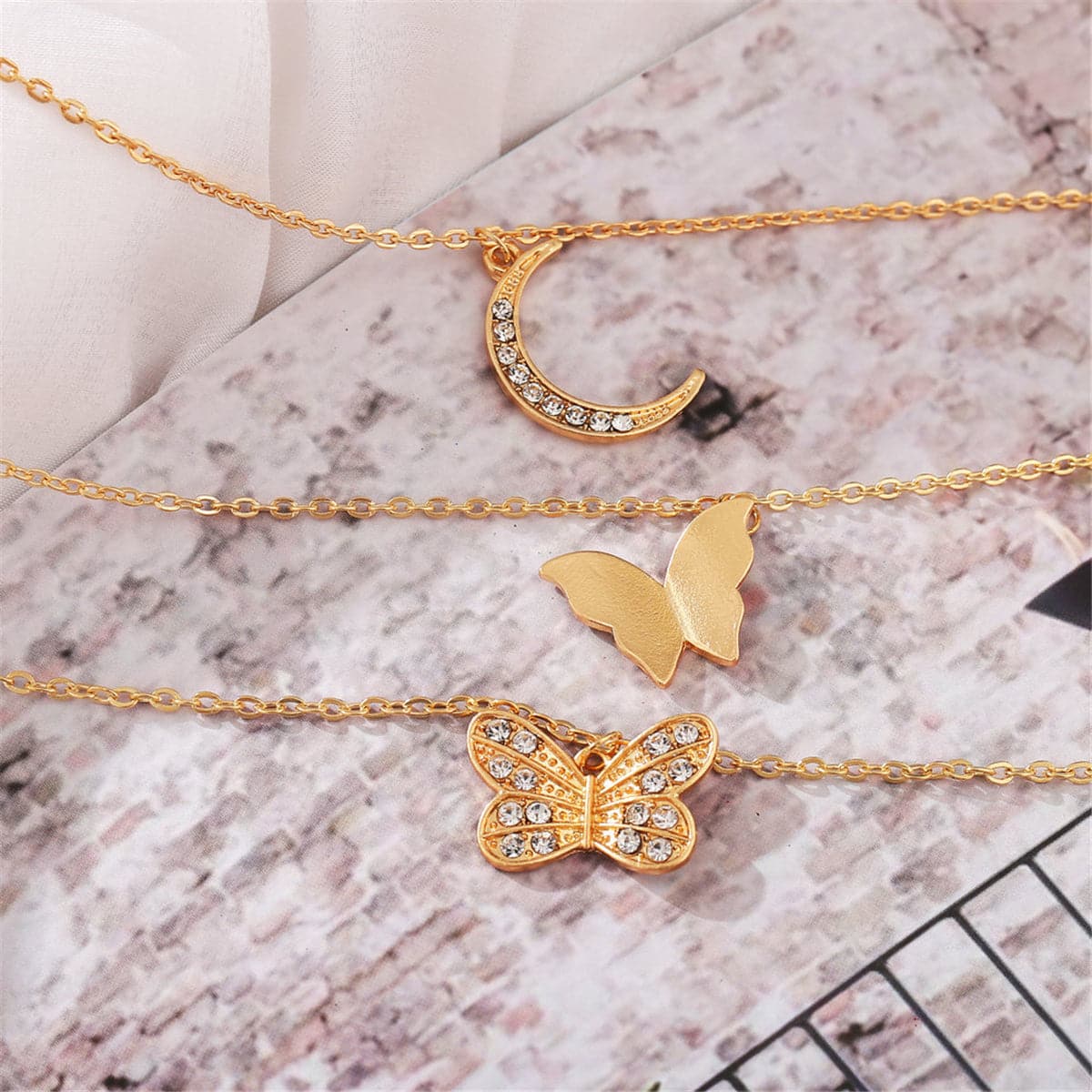 Cubic Zirconia & 18K Gold-Plated Moon Butterfly Layered Pendant Necklace