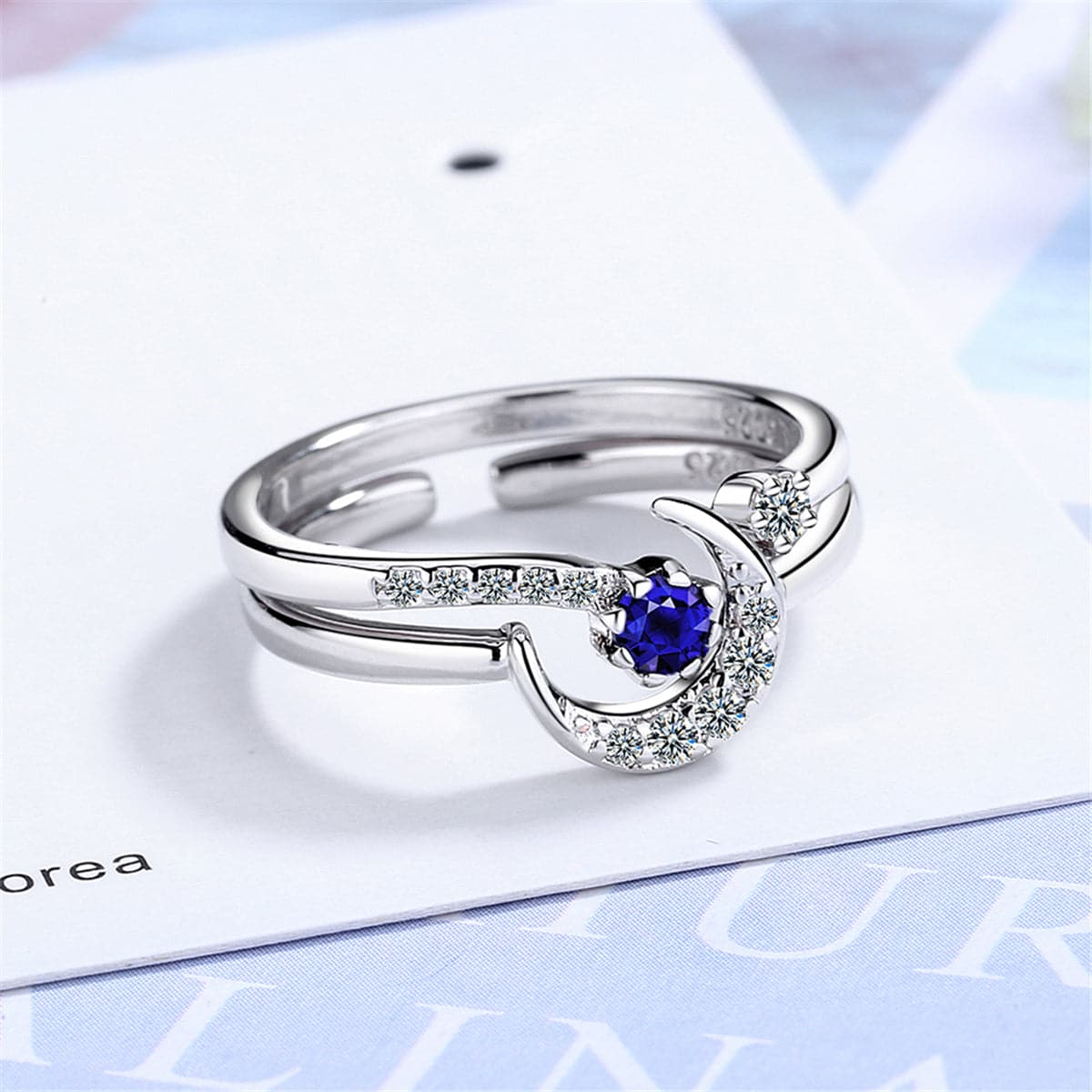 Blue Crystal & Cubic Zirconia Moon Open Ring Set