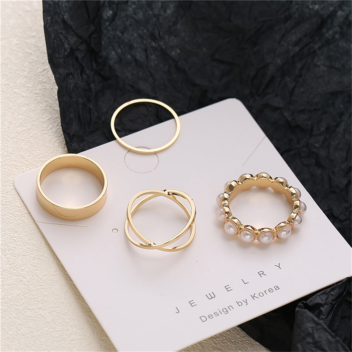 Pearl & 18K Gold-Plated Crisscross Ring Set