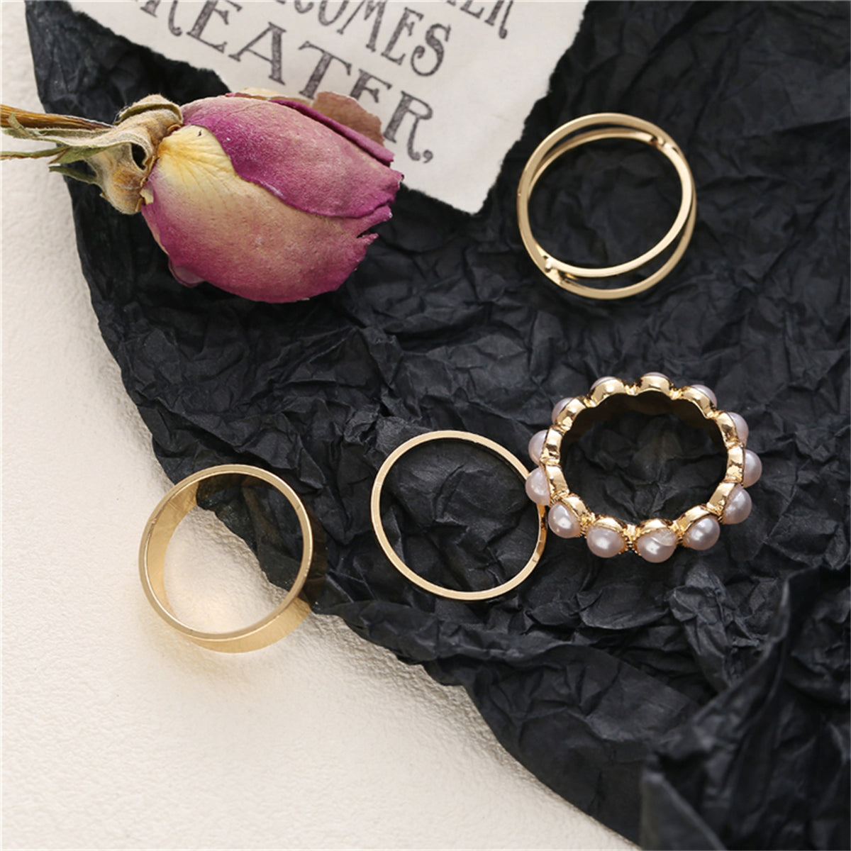 Pearl & 18K Gold-Plated Crisscross Ring Set