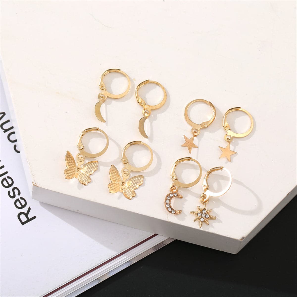 Cubic Zirconia and Two-Tone Celestial Butterfly Leverback Earring Set, jewelry gift sets for women, detail close-up