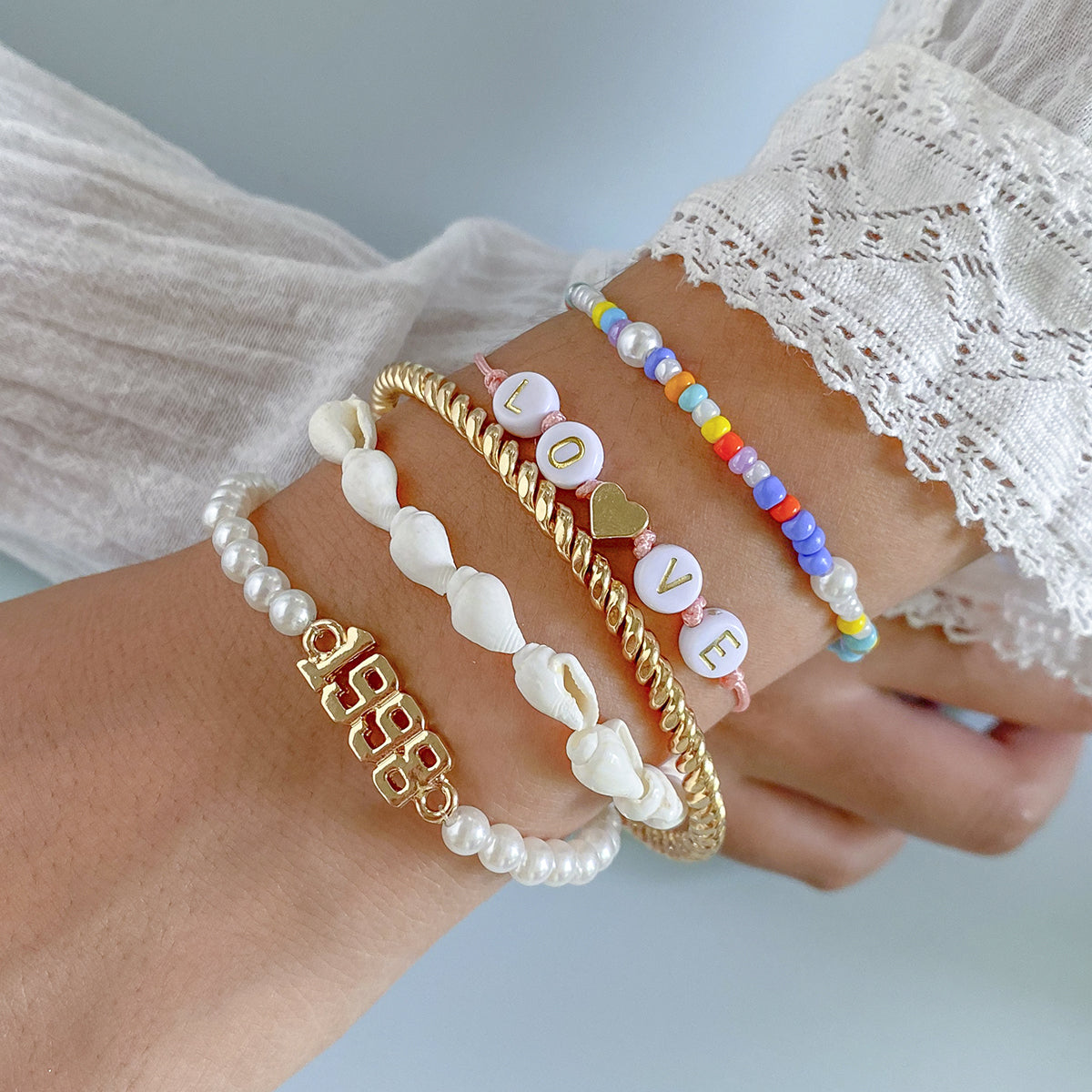 White Pearl & Shell 18K Gold-Plated 'Love' Bracelet Set