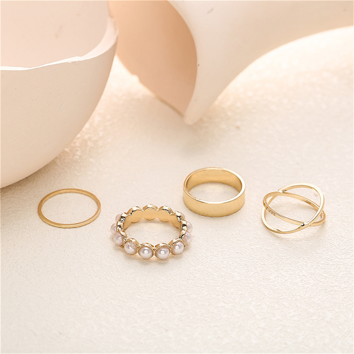 Pearl & 18K Gold-Plated Crisscross Ring Set