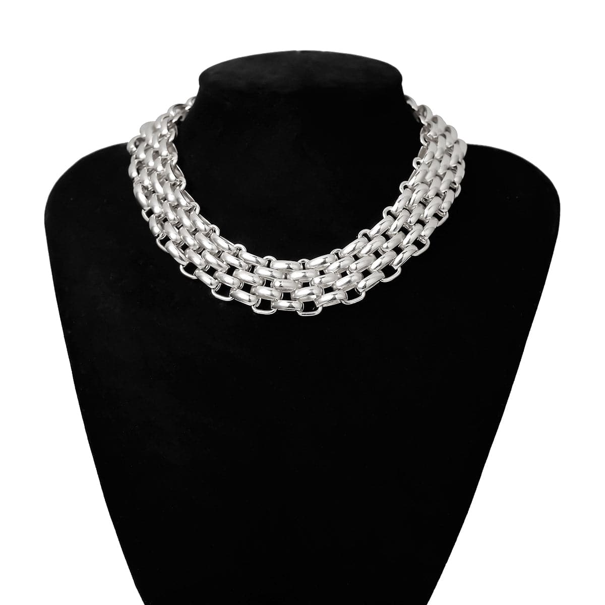 Silver-Plated Five-Row Chain Link Choker Necklace, silver pendant necklace for women, elegant gift for her, lifestyle look