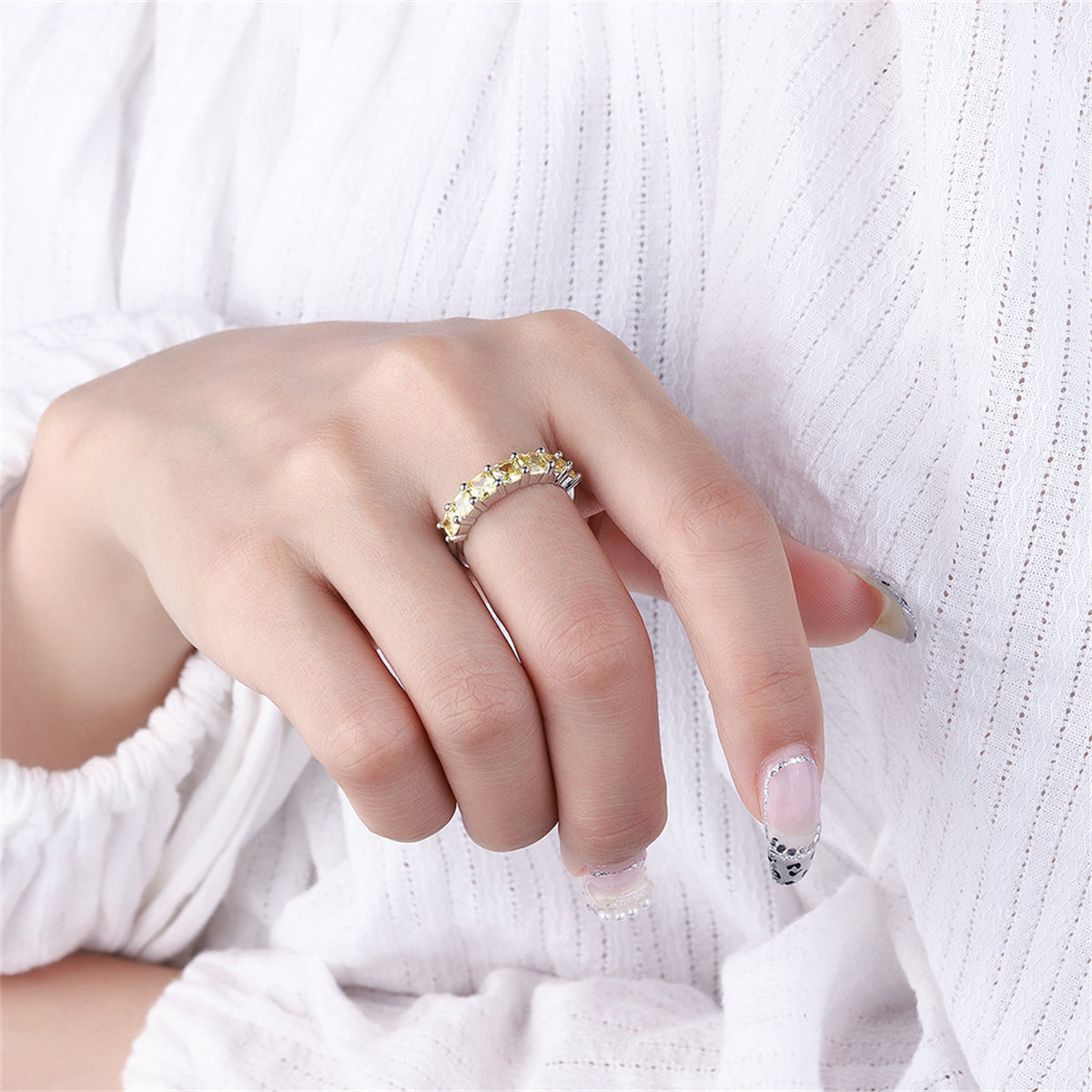 Yellow Crystal and Silver-Plated Adjustable Ring, silver statement rings for women, vintage-inspired design, styled look