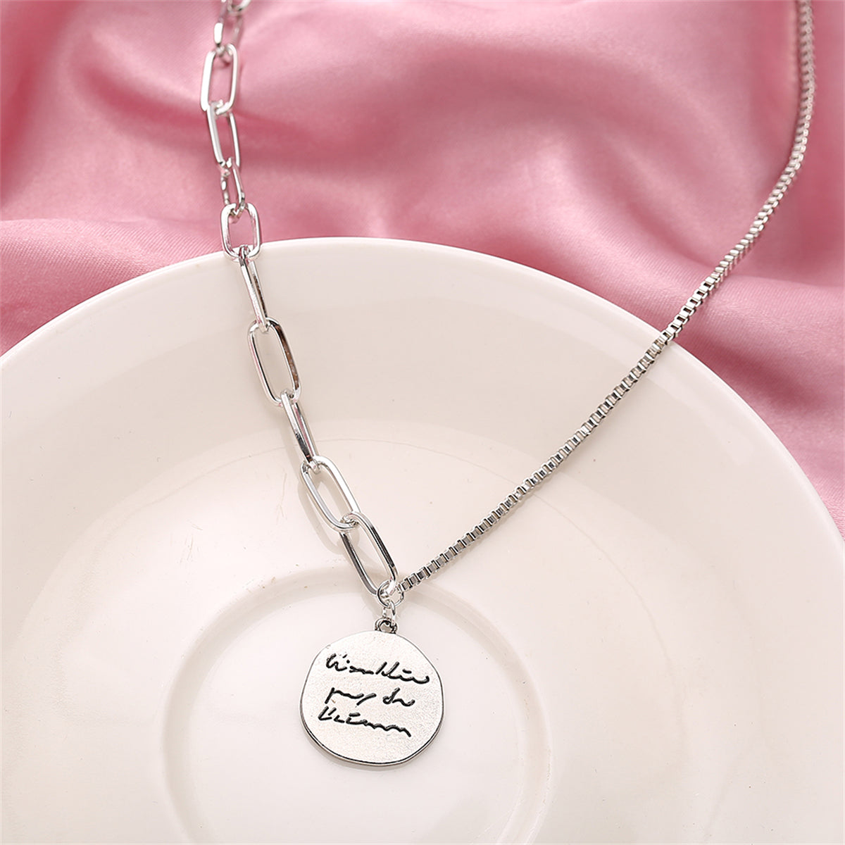 Silver-Plated Coin Pendant Necklace, silver pendant necklace for women, botanical inspired, front view