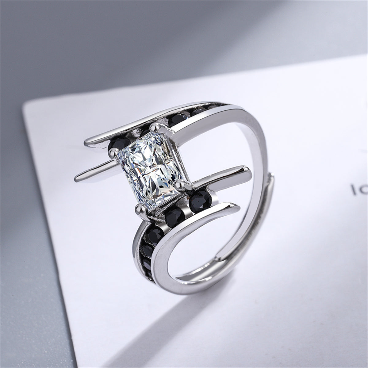 Black Cubic Zirconia and Crystal Silver-Plated Ring, silver statement rings for women, dainty minimalist design, side view