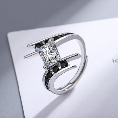 Black Cubic Zirconia and Crystal Silver-Plated Ring, silver statement rings for women, dainty minimalist design, side view