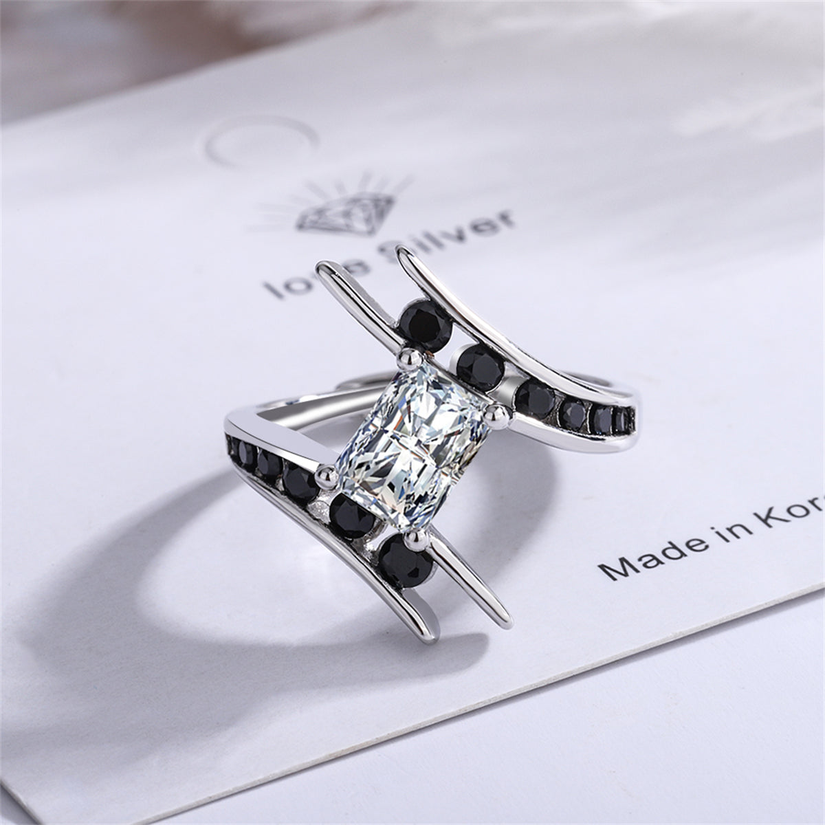 Black Cubic Zirconia and Crystal Silver-Plated Ring, silver statement rings for women, detail close-up