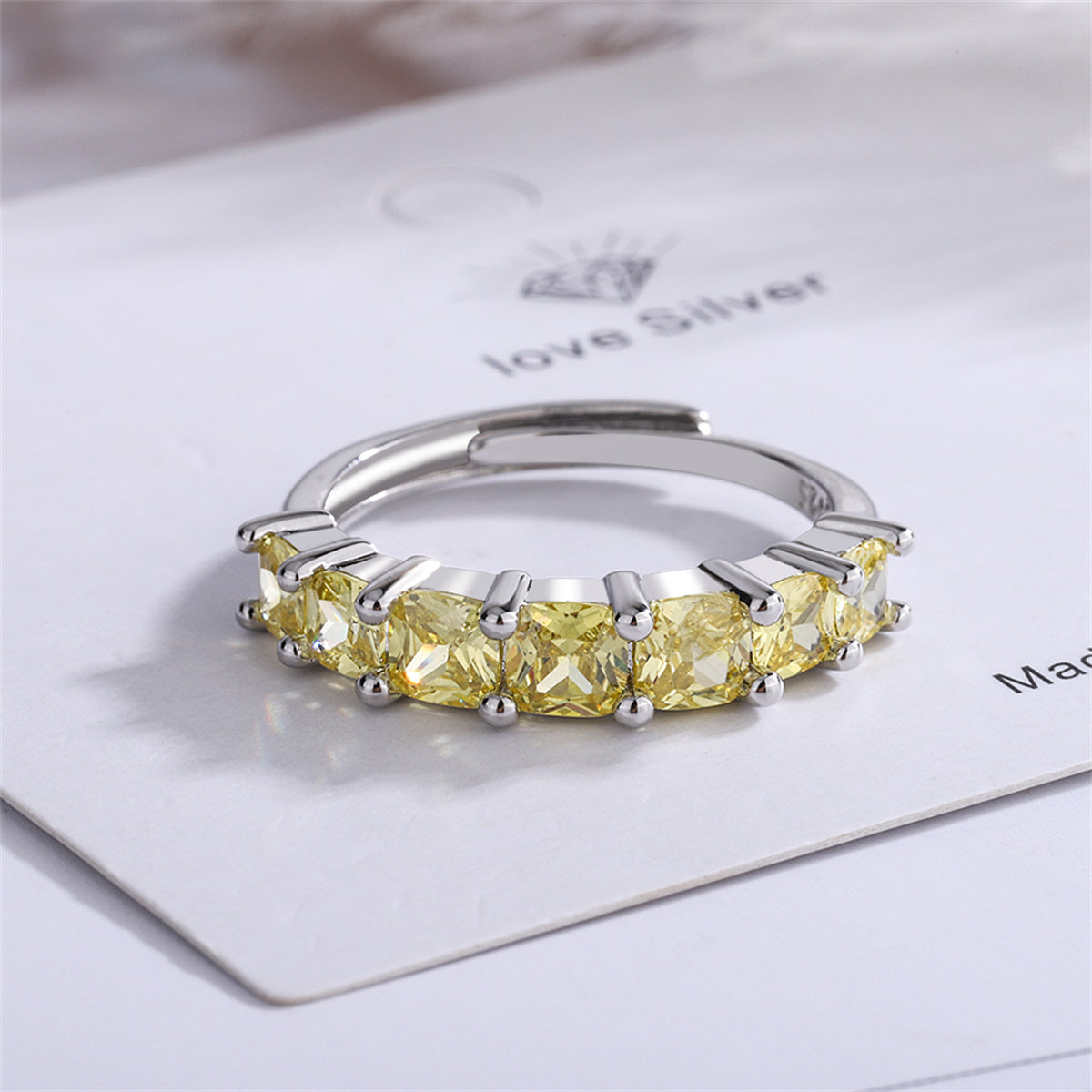 Yellow Crystal and Silver-Plated Adjustable Ring, silver statement rings for women, vintage-inspired design, detail close-up