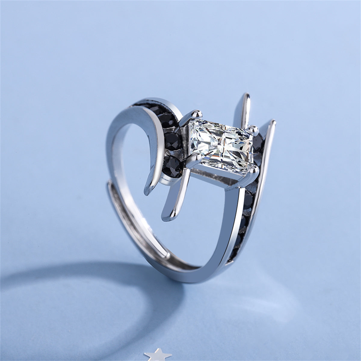 Black Cubic Zirconia and Crystal Silver-Plated Ring, silver statement rings for women, lifestyle look