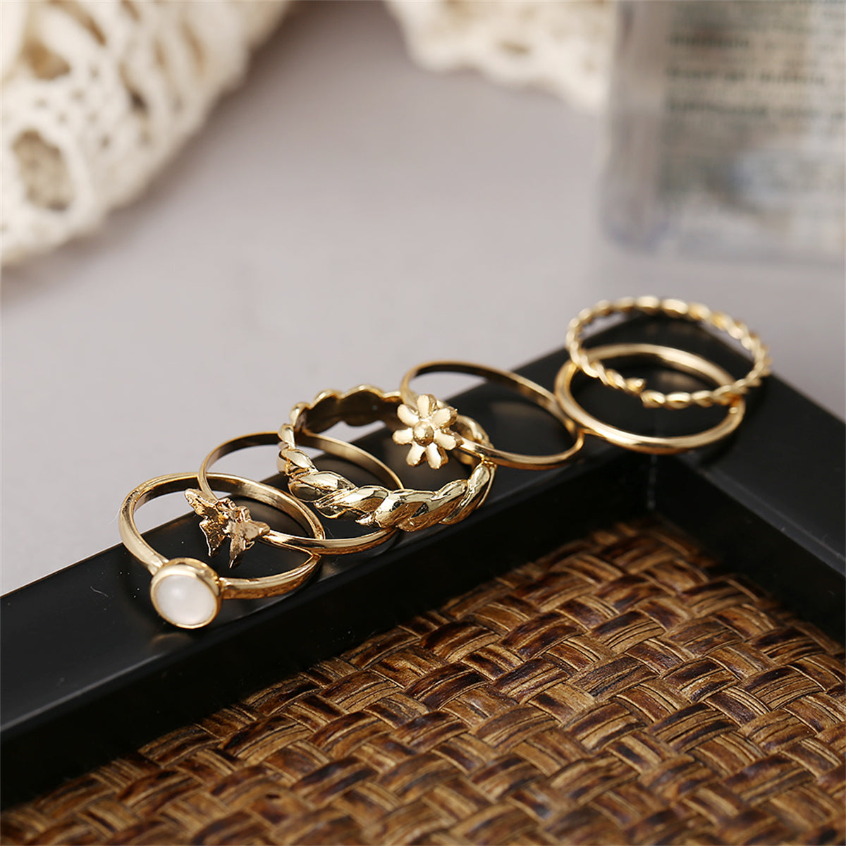 Resin and 18K Gold-Plated Butterfly Floral Ring Set, jewelry gift sets for women, vintage-inspired design, styled look