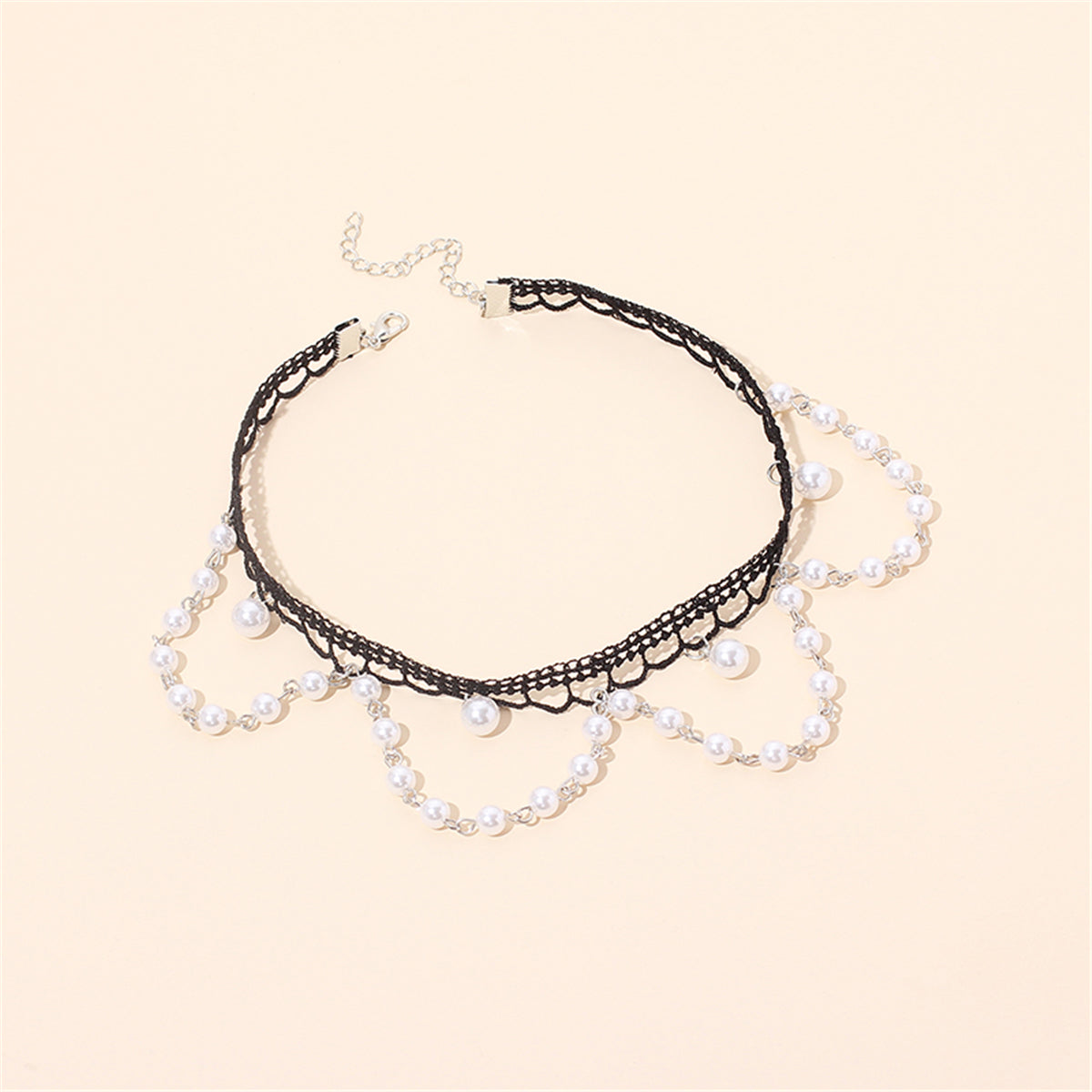 Pearl & Silver-Plated Tasseled Lace Choker Necklace