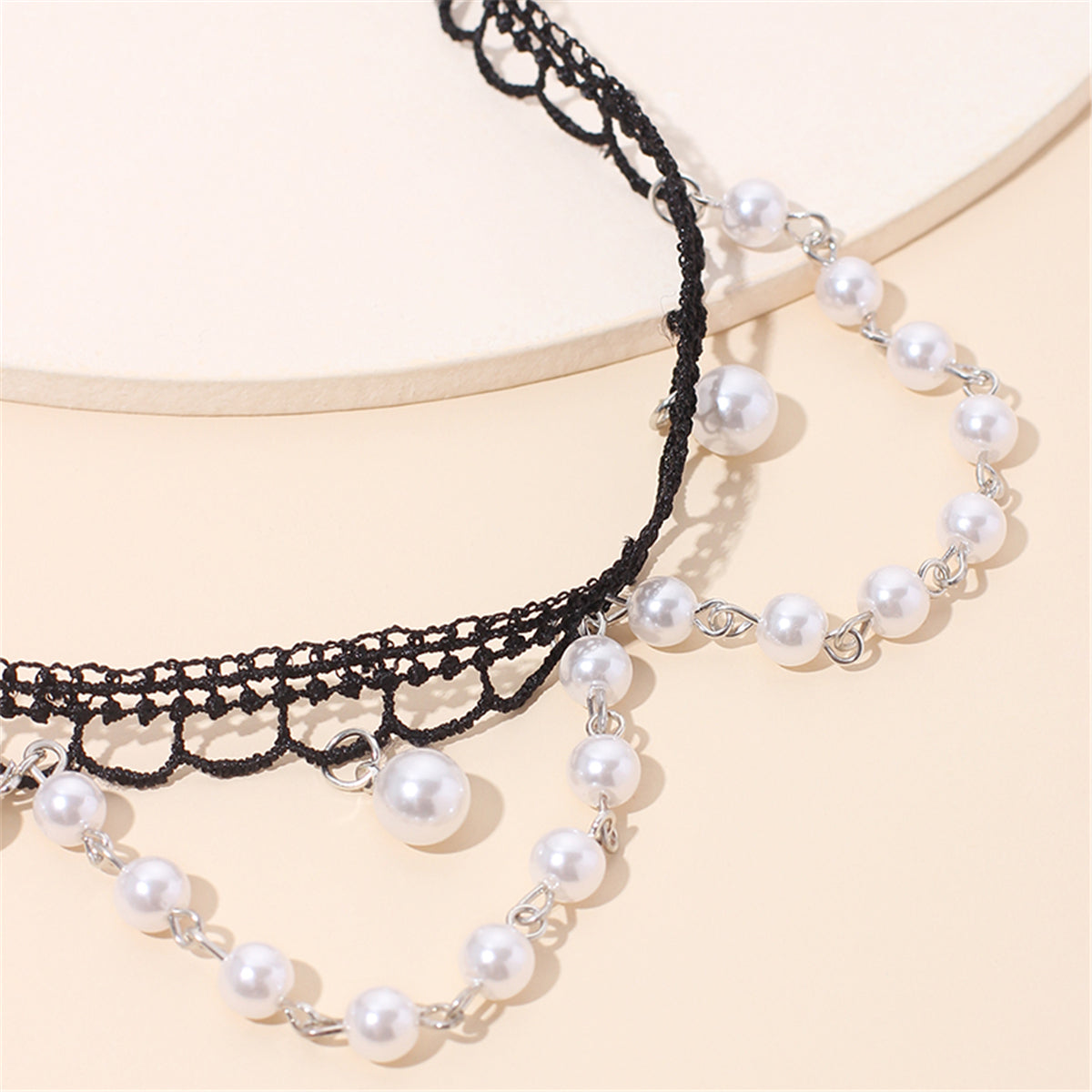 Pearl & Silver-Plated Tasseled Lace Choker Necklace