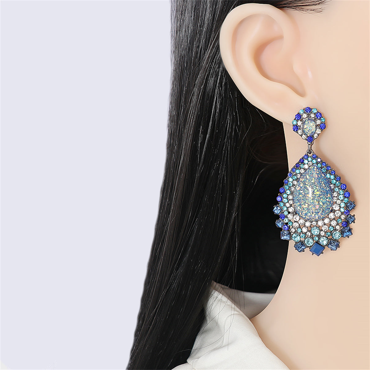 Blue Cubic Zirconia & Crystal Geometric Teardrop Earrings