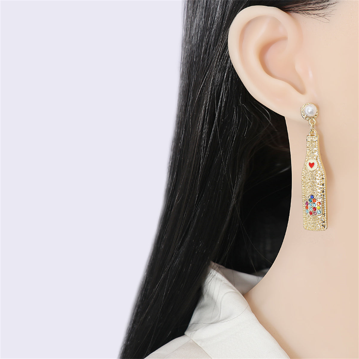 Cubic Zirconia and Pearl Wine Bottle Drop Earrings, drop earrings for women, botanical inspired, lifestyle look